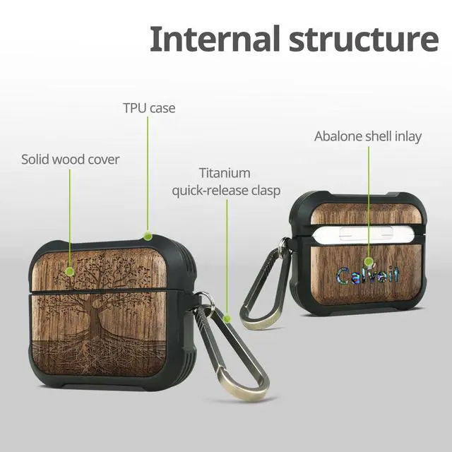 Alt view image 4 of 6 - Solid Wood Case for AirPods 4, The Yin Yang Tree, Walnut | AirPods 4th Generation (2024, USB-C) Case with Quick-Release Keychain, Soft Shockproof TPU Cover, Artisan-Engraved Wood
