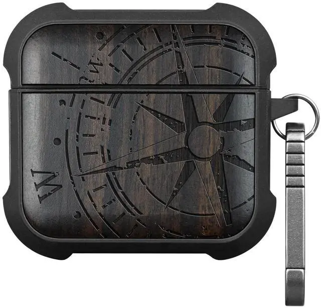 Main image of Solid Wood Case for AirPods 4, Incomplete Compass, Black | AirPods 4th Generation (2024, USB-C) Case with Quick-Release Keychain, Soft Shockproof TPU Cover, Artisan-Engraved Wood