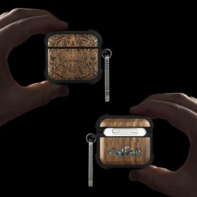 Alt view image 2 of 6 - Solid Wood Case for AirPods 4, The Maya Calendar, Walnut | AirPods 4th Generation (2024, USB-C) Case with Quick-Release Keychain, Soft Shockproof TPU Cover, Artisan-Engraved Wood