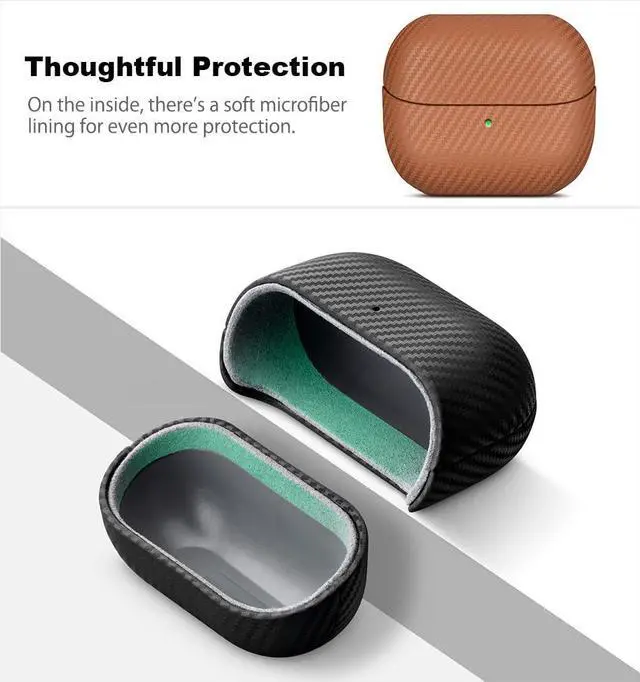 Alt view image 6 of 7 - Leather Case for Samsung Galaxy Buds 3 / Buds3 Pro / Buds3 FE Case | Selected Skin-friendly Cowhide Leather, Carbon Fibre Texture, Handmade Drop Protective Hard Cover for Samsung Earbuds - Brown