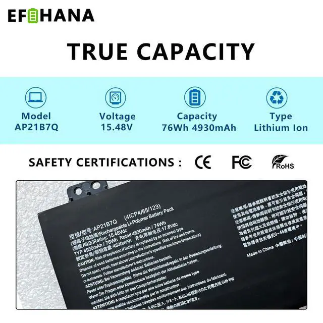 Alt view image 2 of 6 - AP21B7Q Laptop Battery 76Wh Replacement for Acer Predator Triton 300 SE PT314 51S 51NZ 52ML, for Swift Edge SFX16-61G Swift X 14 SFX14-71G Swift X SFX14-71G 52ZX 5911 74EQ Series 15.48V