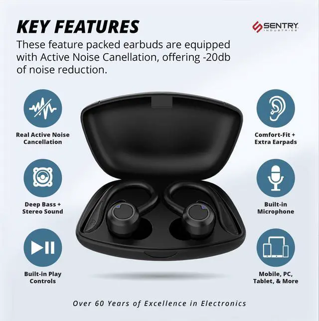 Alt view image 3 of 6 - OSE Sport Hook Bluetooth Wireless Earbuds, 2-in-1 Detachable Hook, Active Noise Canceling, 12 Hours Playtime, Charging Case, Button Controls, Built-in Mic, USB-C Cable, Black