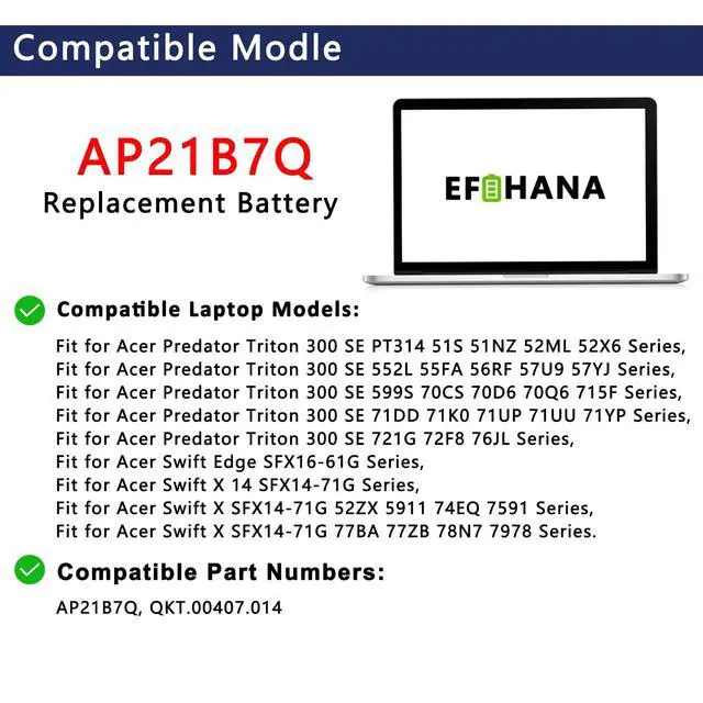 Alt view image 3 of 6 - AP21B7Q Laptop Battery 76Wh Replacement for Acer Predator Triton 300 SE PT314 51S 51NZ 52ML, for Swift Edge SFX16-61G Swift X 14 SFX14-71G Swift X SFX14-71G 52ZX 5911 74EQ Series 15.48V