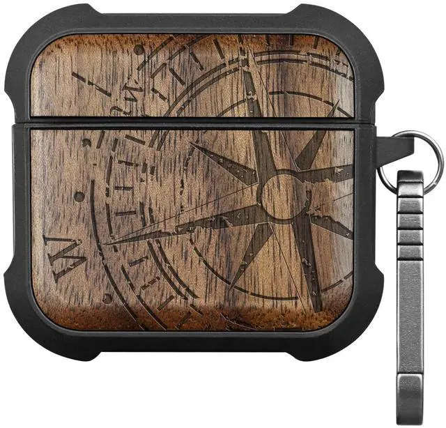 Main image of Solid Wood Case for AirPods 4, Incomplete Compass, Walnut | AirPods 4th Generation (2024, USB-C) Case with Quick-Release Keychain, Soft Shockproof TPU Cover, Artisan-Engraved Wood