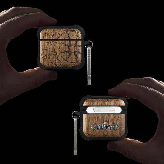 Alt view image 2 of 6 - Solid Wood Case for AirPods 4, Incomplete Compass, Walnut | AirPods 4th Generation (2024, USB-C) Case with Quick-Release Keychain, Soft Shockproof TPU Cover, Artisan-Engraved Wood