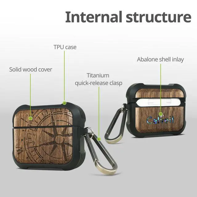 Alt view image 4 of 6 - Solid Wood Case for AirPods 4, Incomplete Compass, Walnut | AirPods 4th Generation (2024, USB-C) Case with Quick-Release Keychain, Soft Shockproof TPU Cover, Artisan-Engraved Wood