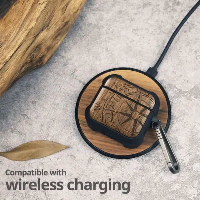 Alt view image 5 of 6 - Solid Wood Case for AirPods 4, Incomplete Compass, Walnut | AirPods 4th Generation (2024, USB-C) Case with Quick-Release Keychain, Soft Shockproof TPU Cover, Artisan-Engraved Wood