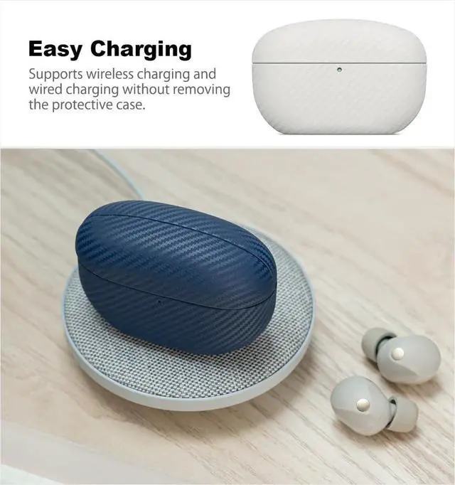 Alt view image 6 of 7 - Leather Case - for WF-1000XM5 Case Cover - Selected Skin-Friendly Leather, with Carbon Fibre Texture, Handmade Shockproof Protective Hard Cover for Sony WF 1000XM5 Earbuds - Blue
