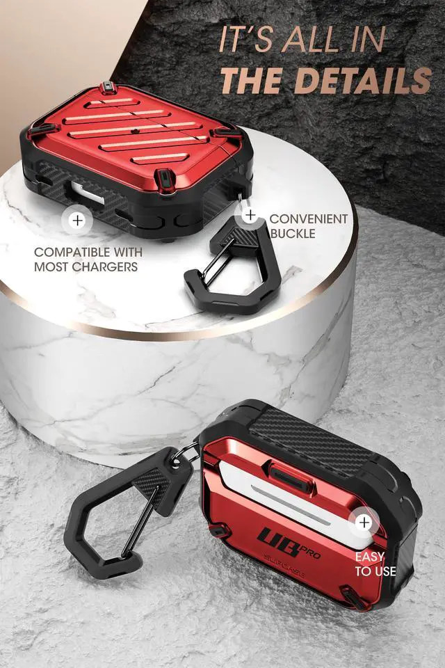 Alt view image 5 of 6 - for Airpods Pro Case (2023/2022 / 2019) with Carabiner, Red | Military-Grade Drop Protection, Anti-Scratch Hard Shell Cover for AirPods Pro 1st / 2nd, Supports Wireless Charging, UB Pro