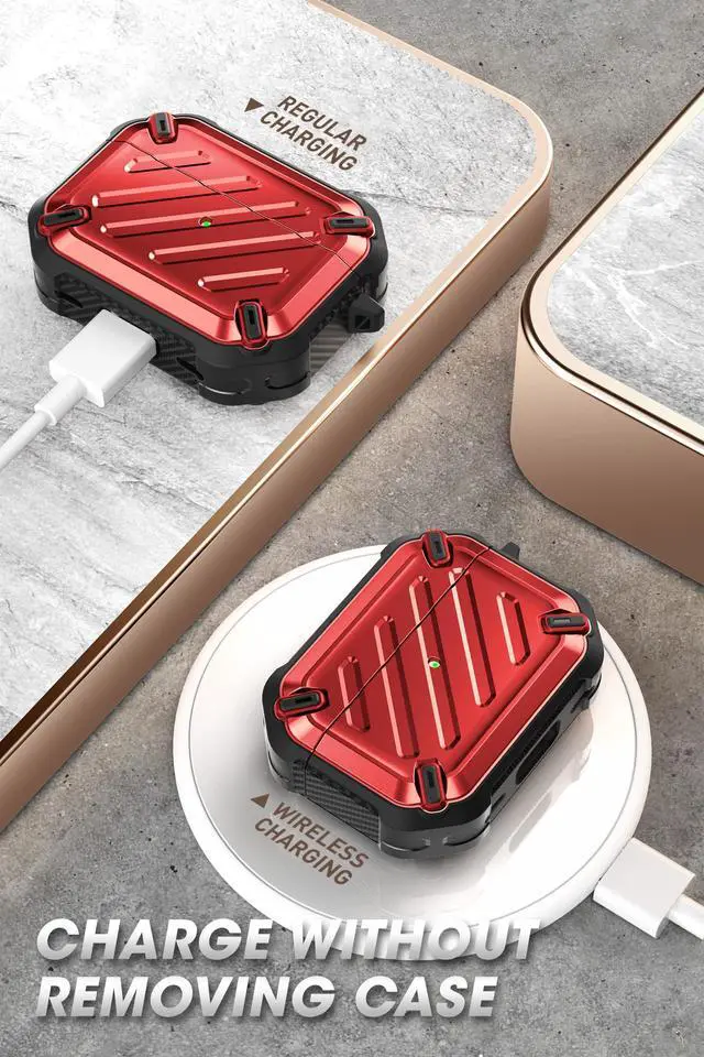 Alt view image 6 of 6 - for Airpods Pro Case (2023/2022 / 2019) with Carabiner, Red | Military-Grade Drop Protection, Anti-Scratch Hard Shell Cover for AirPods Pro 1st / 2nd, Supports Wireless Charging, UB Pro