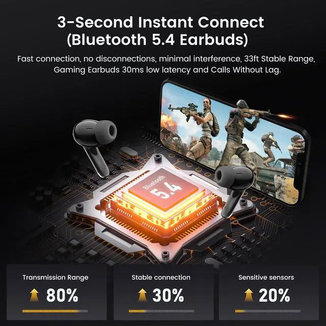 Alt view image 2 of 6 - Wireless Earbuds Bluetooth 5.4 with Low Latency Gaming Mode, 38H Playtime, Noise Cancelling Headphones with Mic, LED Display, Hi-Fi Stereo Sound for iPhone Android (Bumblebee Black)