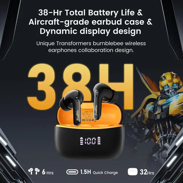 Alt view image 4 of 6 - Wireless Earbuds Bluetooth 5.4 with Low Latency Gaming Mode, 38H Playtime, Noise Cancelling Headphones with Mic, LED Display, Hi-Fi Stereo Sound for iPhone Android (Bumblebee Black)