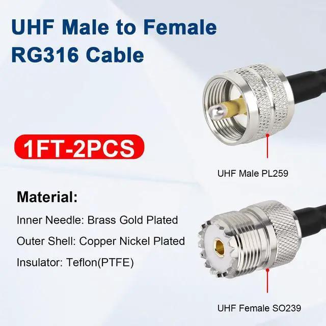 Alt view image 2 of 6 - RG316 UHF Male to UHF Female Coaxial Cable 1FT 2PCS CB Antenna Cable PL 259 UHF Male to UHF Female SO239 Cable, 50 Ohm Low Loss for HAM Radio Antenna, Brown