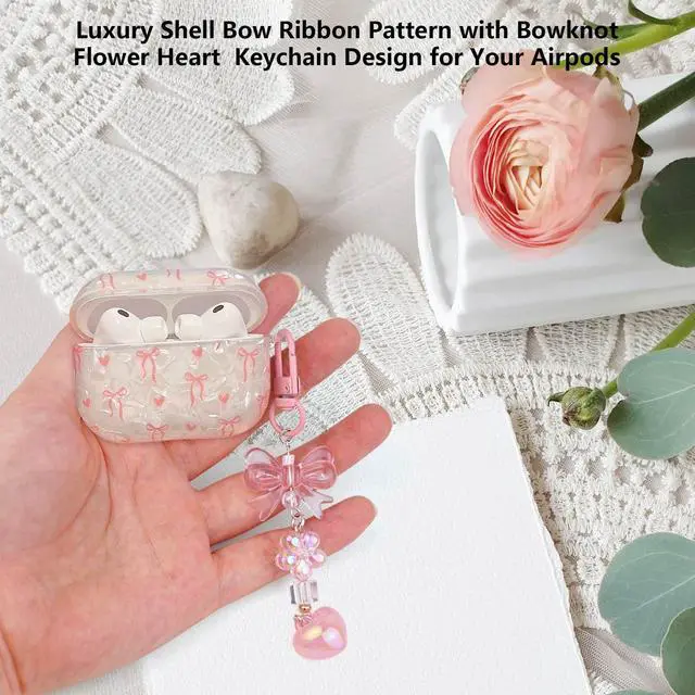 Alt view image 2 of 7 - for Airpods Pro 3 Case Clear,Cute Shell Girly Bow Tie Kawaii Ribbon Heart Pattern for Airpod Pro 3rd Generation Case Cover,Soft TPU with Bowknot Flower Heart Keychain&Cleaning Pen Women Girls