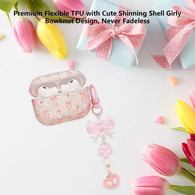 Alt view image 3 of 7 - for Airpods Pro 3 Case Clear,Cute Shell Girly Bow Tie Kawaii Ribbon Heart Pattern for Airpod Pro 3rd Generation Case Cover,Soft TPU with Bowknot Flower Heart Keychain&Cleaning Pen Women Girls