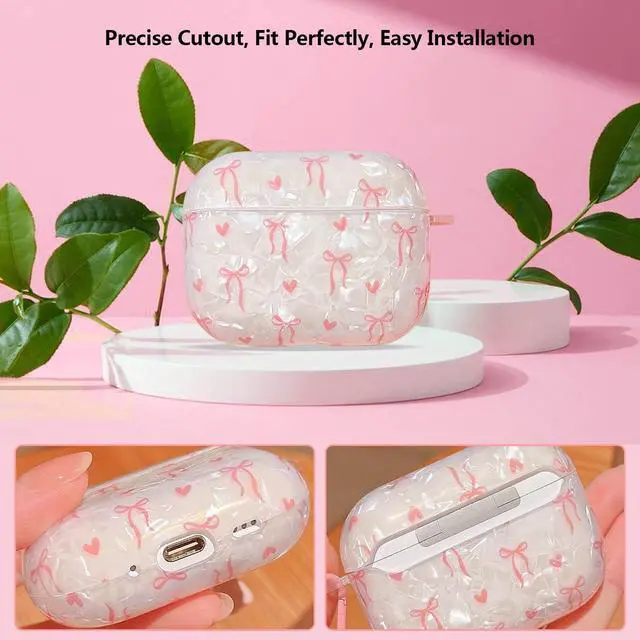 Alt view image 5 of 7 - for Airpods Pro 3 Case Clear,Cute Shell Girly Bow Tie Kawaii Ribbon Heart Pattern for Airpod Pro 3rd Generation Case Cover,Soft TPU with Bowknot Flower Heart Keychain&Cleaning Pen Women Girls