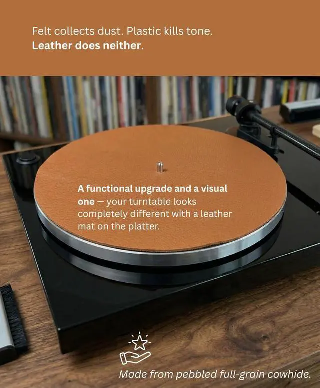 Alt view image 2 of 7 - Premium Leather Turntable Slipmat 11.5" Full-Grain Cowhide Platter Mat | Anti-Static | Dual-Sided Grain & Suede | Fits Audio-Technica, Pro-Ject, Rega & More (Cognac)