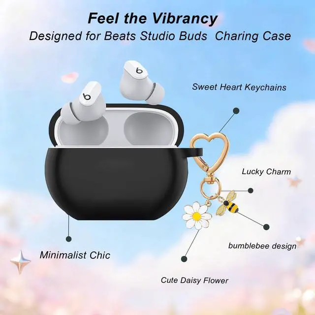 Alt view image 4 of 6 - for Beats Studio Buds Case/Studio Buds Plus Case Cover with Cute Bee Daisy Flower Charm Keychain,Soft Silicone Cover Protective for Beats Studio Buds+ Earbuds Charging Case Black