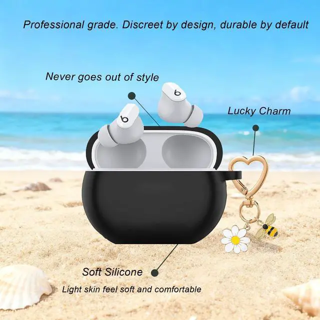Alt view image 5 of 6 - for Beats Studio Buds Case/Studio Buds Plus Case Cover with Cute Bee Daisy Flower Charm Keychain,Soft Silicone Cover Protective for Beats Studio Buds+ Earbuds Charging Case Black