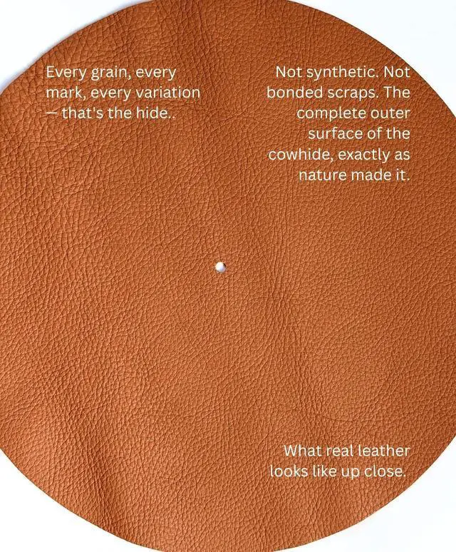 Alt view image 4 of 7 - Premium Leather Turntable Slipmat 11.5" Full-Grain Cowhide Platter Mat | Anti-Static | Dual-Sided Grain & Suede | Fits Audio-Technica, Pro-Ject, Rega & More (Cognac)