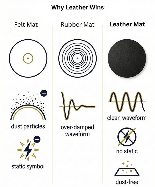 Alt view image 7 of 7 - Premium Leather Turntable Slipmat 11.5" Full-Grain Cowhide Platter Mat | Anti-Static | Dual-Sided Grain & Suede | Fits Audio-Technica, Pro-Ject, Rega & More (Cognac)