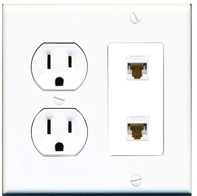 Main image of 15 Amp Duplex Round Power Outlet 2 Port Cat6 Ethernet Wall Plate White