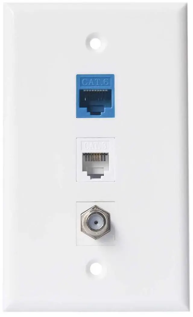 Main image of Coax Ethernet Phone Wall Plate - 1 Port Cat6 RJ45 + 1 Phone Jack Cat3 RJ11/RJ12 + 1 Port Coax Cable TV- F-Type