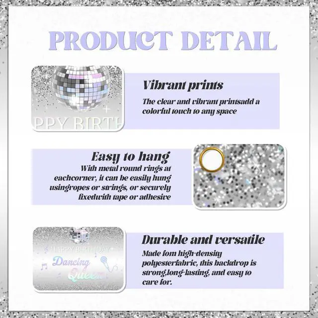 Alt view image 3 of 6 - Happy Birthday Dancing Queen Backdrop - Disco Birthday Party Photo Background Dancing Queen Themed Birthday Party Supply, 7 * 5Ft