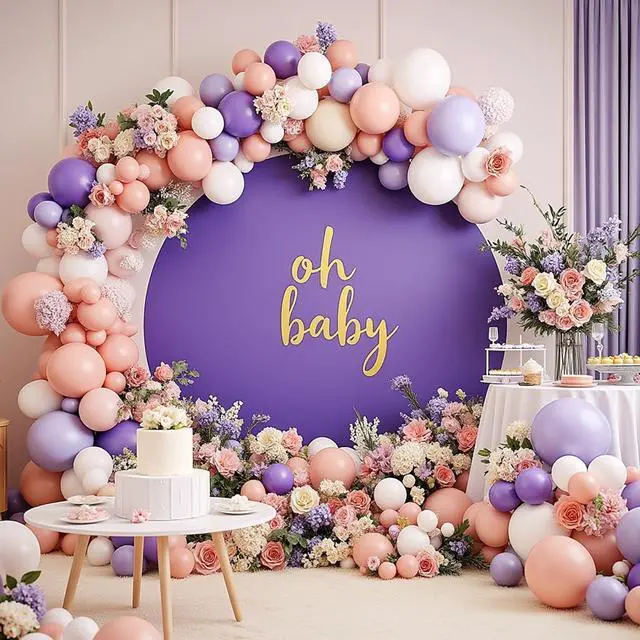 Alt view image 7 of 7 - 7.2FT Lavender Round Backdrop Cover with Oh Baby Decal Sign for 5-7.2ft Circle Arch Stand - Thick Fitted Spandex Circle Backdrop Cover for Baby Shower, Wedding, Birthday Party and Photography