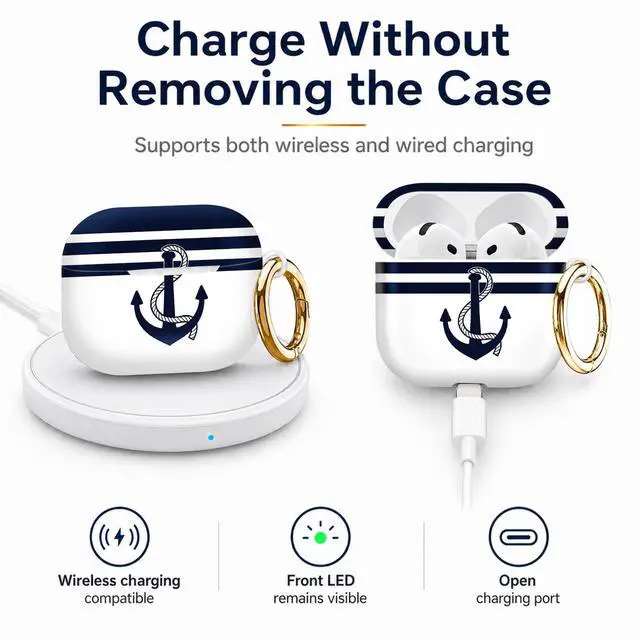 Alt view image 4 of 6 - Compatiable with AirPod 4 Protective Case 2024, Soft Protective Case with Keychain for Women,Cute& Sleek Design Shockproof Charging Case Cover for AirPod 4(Navy Stripes Anchor Rope)