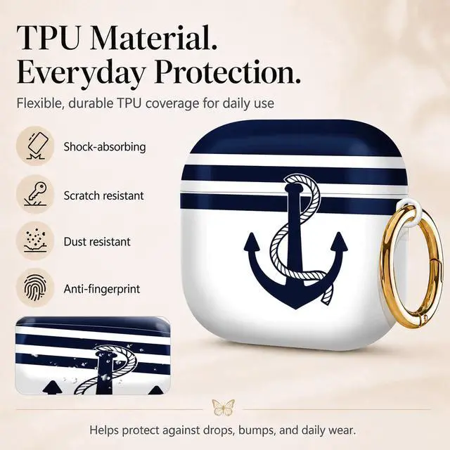 Alt view image 3 of 6 - Compatiable with AirPod 4 Protective Case 2024, Soft Protective Case with Keychain for Women,Cute& Sleek Design Shockproof Charging Case Cover for AirPod 4(Navy Stripes Anchor Rope)