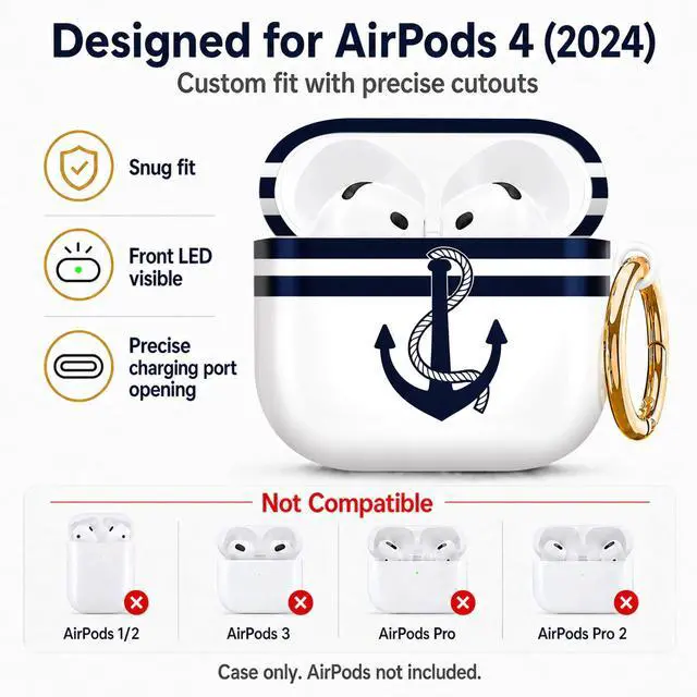 Alt view image 2 of 6 - Compatiable with AirPod 4 Protective Case 2024, Soft Protective Case with Keychain for Women,Cute& Sleek Design Shockproof Charging Case Cover for AirPod 4(Navy Stripes Anchor Rope)
