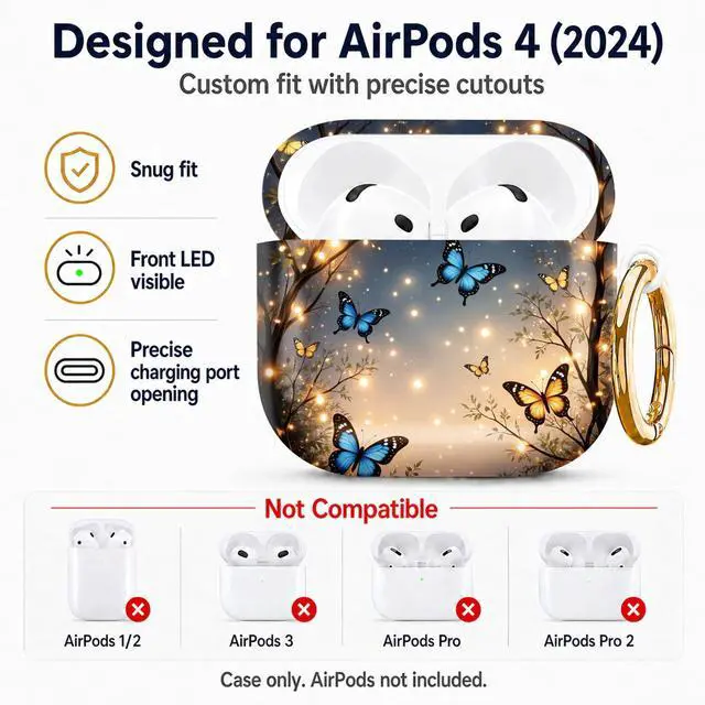 Alt view image 2 of 6 - Compatiable with AirPod 4 Protective Case 2024, Soft Protective Case with Keychain for Women,Cute& Sleek Design Shockproof Charging Case Cover for AirPod 4(Butterflies Twinkle Trees Lights)