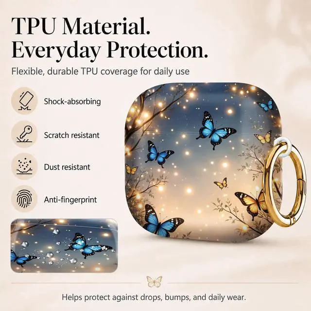 Alt view image 3 of 6 - Compatiable with AirPod 4 Protective Case 2024, Soft Protective Case with Keychain for Women,Cute& Sleek Design Shockproof Charging Case Cover for AirPod 4(Butterflies Twinkle Trees Lights)