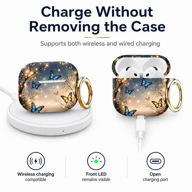 Alt view image 4 of 6 - Compatiable with AirPod 4 Protective Case 2024, Soft Protective Case with Keychain for Women,Cute& Sleek Design Shockproof Charging Case Cover for AirPod 4(Butterflies Twinkle Trees Lights)