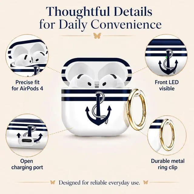 Alt view image 5 of 6 - Compatiable with AirPod 4 Protective Case 2024, Soft Protective Case with Keychain for Women,Cute& Sleek Design Shockproof Charging Case Cover for AirPod 4(Navy Stripes Anchor Rope)