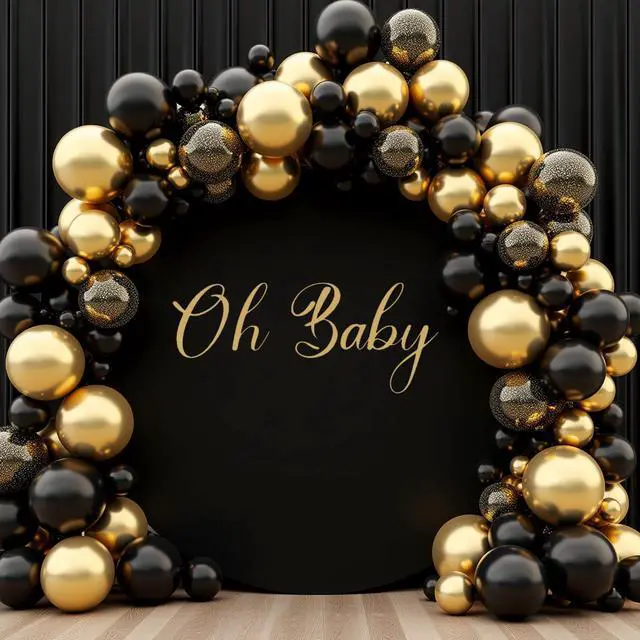 Main image of 7.2FT Black Round Backdrop Cover with Oh Baby Decal Sign for 5-7.2ft Circle Arch Stand - Thick Fitted Spandex Circle Backdrop Cover for Baby Shower, Wedding, Birthday Party and Photography