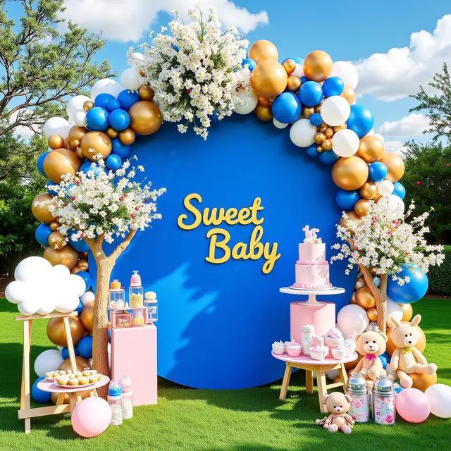 Alt view image 6 of 6 - 7.2FT Royal Blue Round Backdrop Cover with Oh Baby Decal Sign for 5-7.2ft Circle Arch Stand - Thick Fitted Spandex Circle Backdrop Cover for Baby Shower, Wedding, Birthday Party and Photography