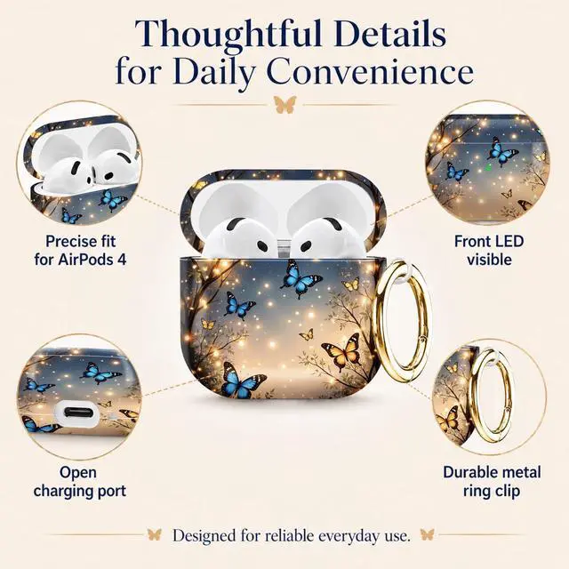 Alt view image 5 of 6 - Compatiable with AirPod 4 Protective Case 2024, Soft Protective Case with Keychain for Women,Cute& Sleek Design Shockproof Charging Case Cover for AirPod 4(Butterflies Twinkle Trees Lights)