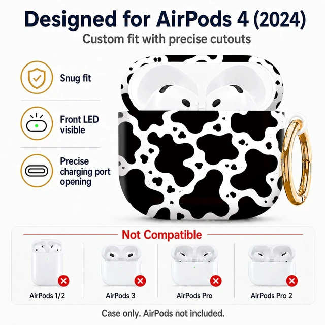Alt view image 2 of 6 - Compatiable with AirPod 4 Protective Case 2024, Soft Protective Case with Keychain for Women,Cute& Sleek Design Shockproof Charging Case Cover for AirPod 4(Black and White Cow)