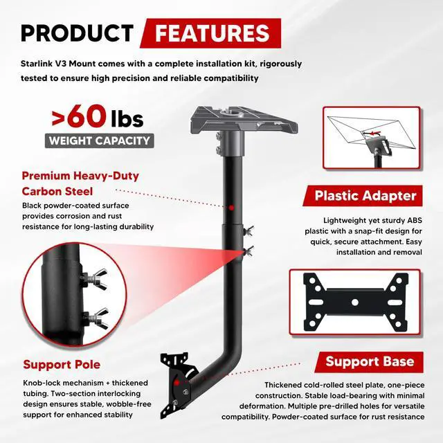 Alt view image 2 of 6 - Gen 3 Starlink Mount, Adjustable Starlink Gen 3/4/4X Mounting Kit with Telescoping Support Arm, V3 Standard Dish Includes Gen 3 Pipe Adapter Fit for Wall/Roof Mount