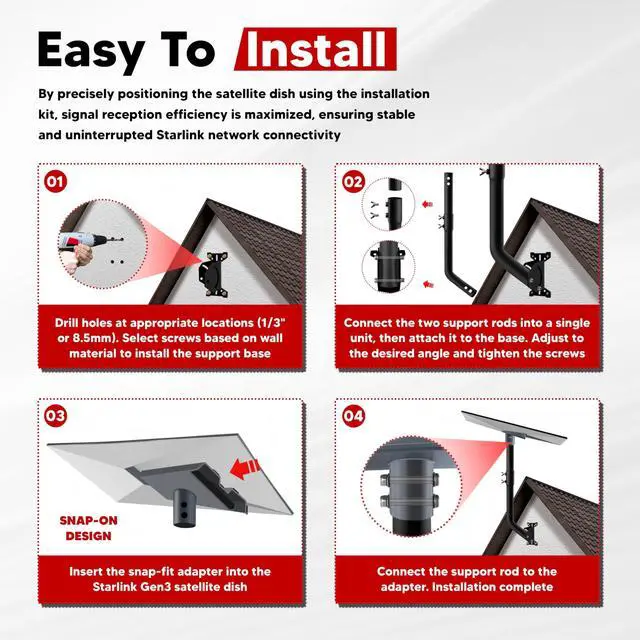 Alt view image 6 of 6 - Gen 3 Starlink Mount, Adjustable Starlink Gen 3/4/4X Mounting Kit with Telescoping Support Arm, V3 Standard Dish Includes Gen 3 Pipe Adapter Fit for Wall/Roof Mount
