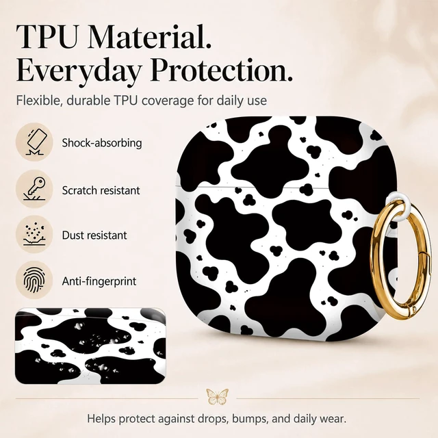 Alt view image 3 of 6 - Compatiable with AirPod 4 Protective Case 2024, Soft Protective Case with Keychain for Women,Cute& Sleek Design Shockproof Charging Case Cover for AirPod 4(Black and White Cow)