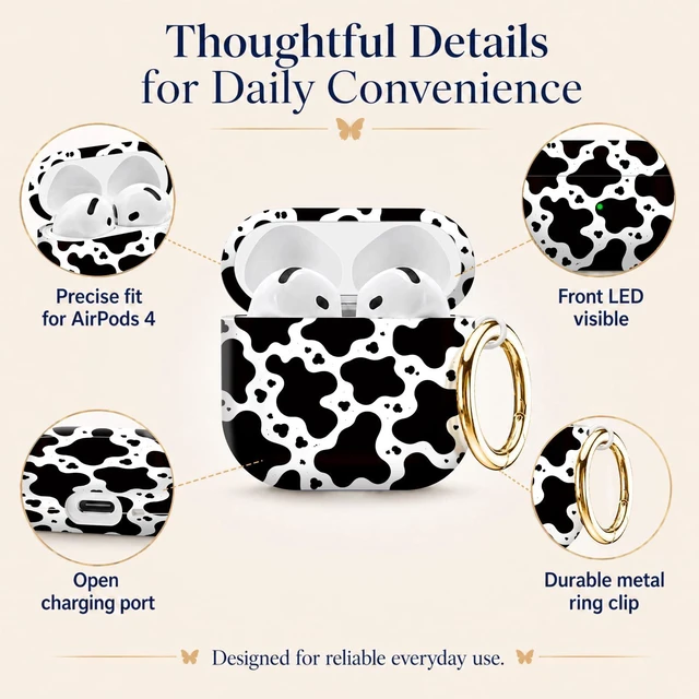 Alt view image 5 of 6 - Compatiable with AirPod 4 Protective Case 2024, Soft Protective Case with Keychain for Women,Cute& Sleek Design Shockproof Charging Case Cover for AirPod 4(Black and White Cow)