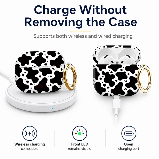 Alt view image 4 of 6 - Compatiable with AirPod 4 Protective Case 2024, Soft Protective Case with Keychain for Women,Cute& Sleek Design Shockproof Charging Case Cover for AirPod 4(Black and White Cow)