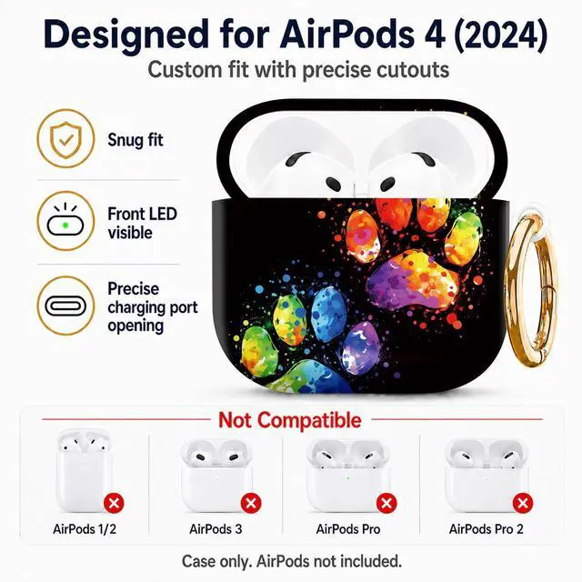 Alt view image 2 of 6 - Compatiable with AirPod 4 Protective Case 2024, Soft Protective Case with Keychain for Women,Cute& Sleek Design Shockproof Charging Case Cover for AirPod 4(Colorful Painted Paw Prints)