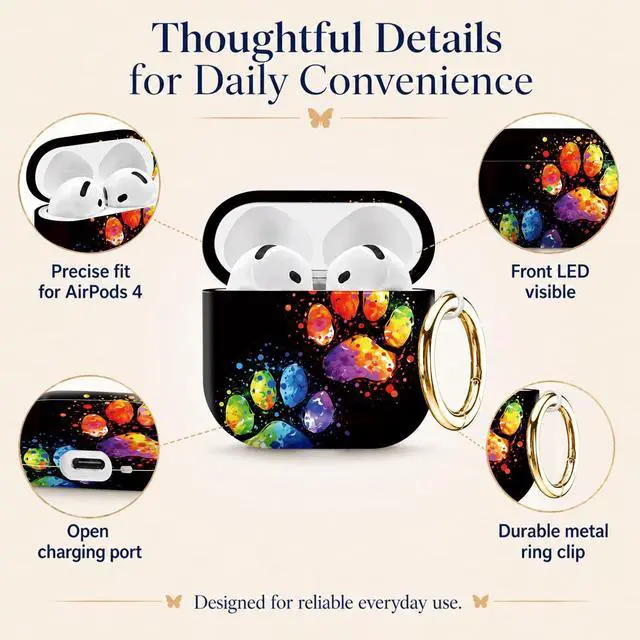 Alt view image 5 of 6 - Compatiable with AirPod 4 Protective Case 2024, Soft Protective Case with Keychain for Women,Cute& Sleek Design Shockproof Charging Case Cover for AirPod 4(Colorful Painted Paw Prints)