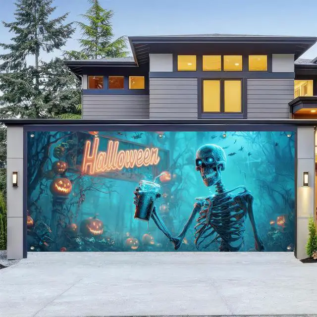Main image of Halloween Skeleton Garage Door Cover 13x6ft Polyester | grim reaperPolyester, funny skeleton drinking beverage design Garage Door Cover for casual Halloween decor, fun parties yard
