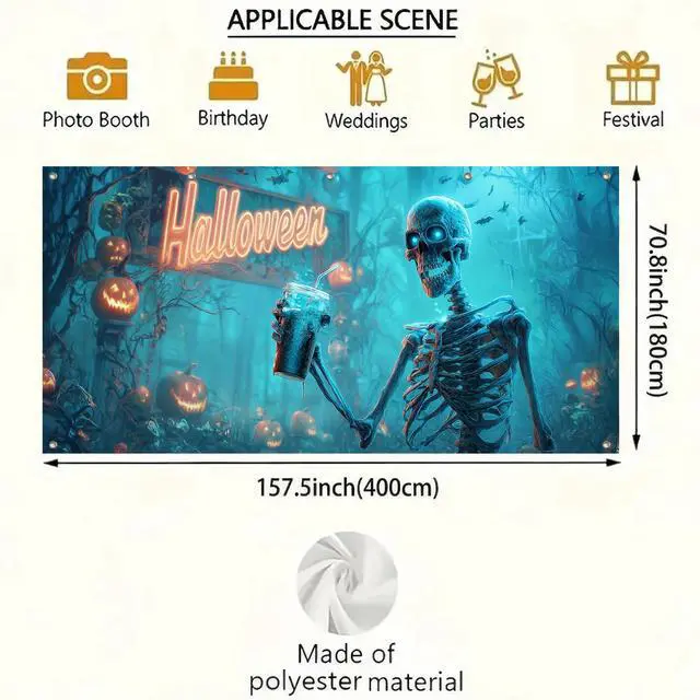 Alt view image 3 of 6 - Halloween Skeleton Garage Door Cover 13x6ft Polyester | grim reaperPolyester, funny skeleton drinking beverage design Garage Door Cover for casual Halloween decor, fun parties yard