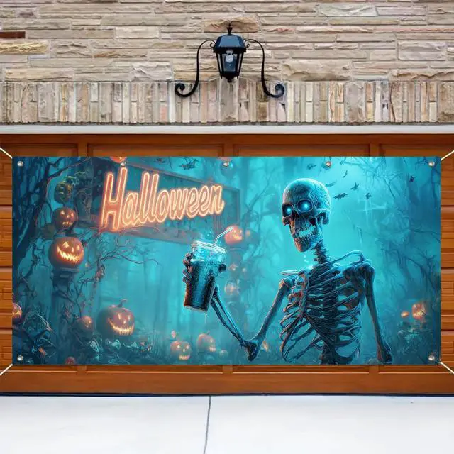 Alt view image 4 of 6 - Halloween Skeleton Garage Door Cover 13x6ft Polyester | grim reaperPolyester, funny skeleton drinking beverage design Garage Door Cover for casual Halloween decor, fun parties yard